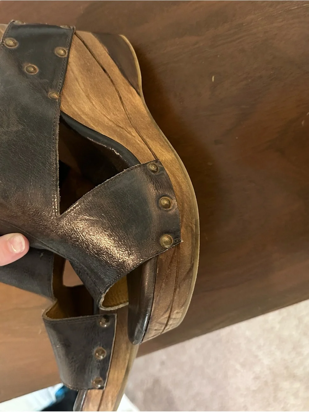Bed Stu Black Leather and Wood Wedge Sandals